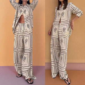 Zara Summer Work Casual Printed Shirt Pants Set